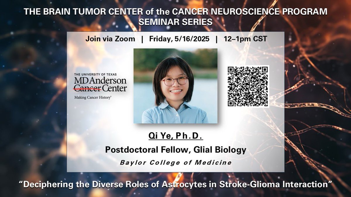 Caroline Brennan (@txbraintrust) on Twitter photo Join the <a href="/MDAndersonNews/">MD Anderson Cancer Center</a> #BrainTumor seminar series tomorrow, via Zoom!
Dr. Qi Ye will present the latest research on #astrocytes, #glioma and stroke ⬇️
🧠 May 16, 2025
🧠12 noon CST
🧠 Contact tpmarin@mdanderson.org for login details
#BTAM #GoGrayInMay Join the <a href="/MDAndersonNews/">MD Anderson Cancer Center</a> #BrainTumor seminar series tomorrow, via Zoom!
Dr. Qi Ye will present the latest research on #astrocytes, #glioma and stroke ⬇️
🧠 May 16, 2025
🧠12 noon CST
🧠 Contact tpmarin@mdanderson.org for login details
#BTAM #GoGrayInMay