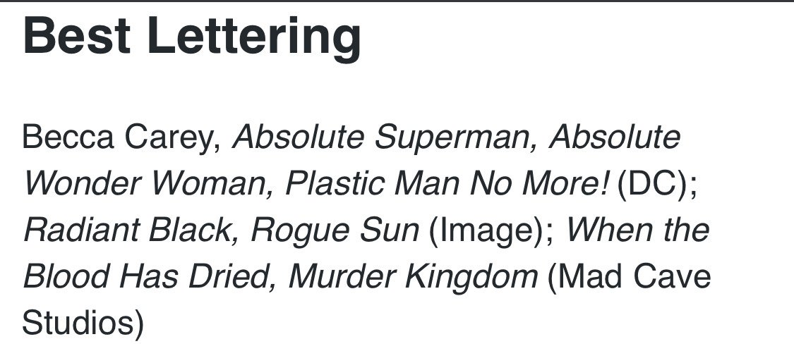 Congrats on <a href="/Becca_See/">Becca Carey</a>
for the Eisner Awards nomination! I hope you win! o/
