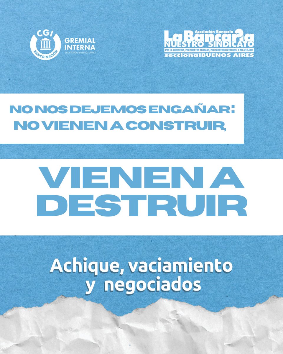 CgiBNABsAs's tweet photo. Ningún Directorio transitorio destruirá lo que generaciones de bancarios/as construimos. 

Nadie se salva sólo. https://t.co/BuhTtE5alE