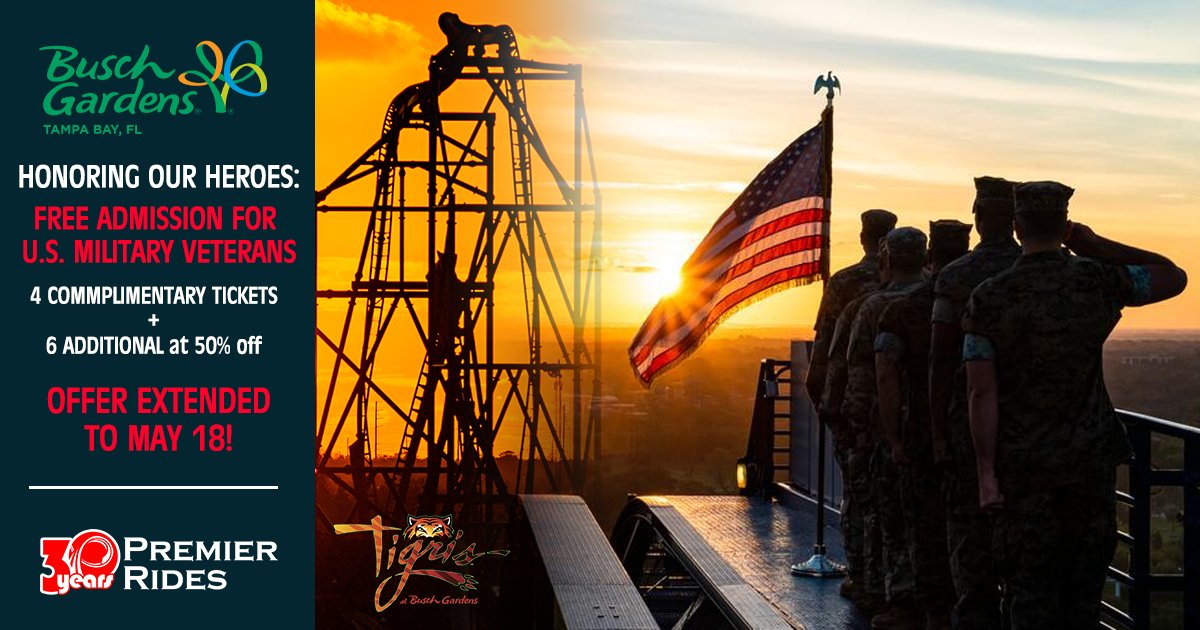 Premier Rides (@premierrides) on Twitter photo Honoring our Heroes πΊπΈπͺ
U.S. Military #Veterans enjoy FREE admission to <a href="/BuschGardens/">Busch Gardens Tampa Bay</a>! π’
βΌοΈOffer Extended to May 18βΌοΈ Get your tickets here: πbuschgardens.com/tampa/tickets/β¦
#PremierRides #RollerCoaster #tigris #BuschGardensTampa <a href="/SeaWorld/">SeaWorld</a> <a href="/TEA_Connect/">ThemedEntertainment</a> <a href="/aceonlineorg/">American Coaster Enthusiasts</a> <a href="/ACEFLRegion/">ACE Florida Region</a> Honoring our Heroes πΊπΈπͺ
U.S. Military #Veterans enjoy FREE admission to <a href="/BuschGardens/">Busch Gardens Tampa Bay</a>! π’
βΌοΈOffer Extended to May 18βΌοΈ Get your tickets here: πbuschgardens.com/tampa/tickets/β¦
#PremierRides #RollerCoaster #tigris #BuschGardensTampa <a href="/SeaWorld/">SeaWorld</a> <a href="/TEA_Connect/">ThemedEntertainment</a> <a href="/aceonlineorg/">American Coaster Enthusiasts</a> <a href="/ACEFLRegion/">ACE Florida Region</a>