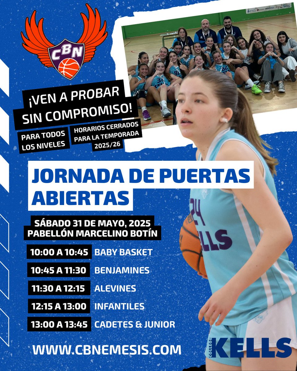🏀 ¿Quieres jugar en <a href="/KELLSCOLLEGE/">KELLS COLLEGE</a> <a href="/cbnemesis/">Baloncesto Némesis Santander - Kells College</a> la próxima temporada 2025/26?

📍¡Os esperamos en la jornada de puertas abiertas que organizamos el sábado 31 de mayo (Pabellón Marcelino Botín)! 

cbnemesis.com/jornada-de-cap…