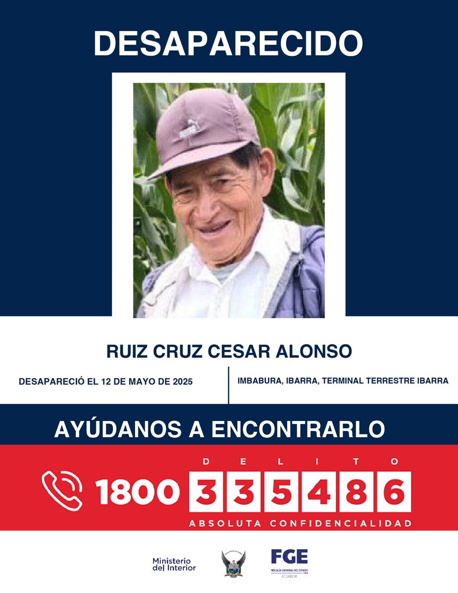 #DesaparecidosEcuador | #Imbabura: si tienes información sobre la ubicación de César Alonso Ruiz Cruz, comunícate de inmediato con las autoridades. Fue visto por última vez el 12 de mayo de 2025 en el sector de la Terminal Terrestre, en #Ibarra.