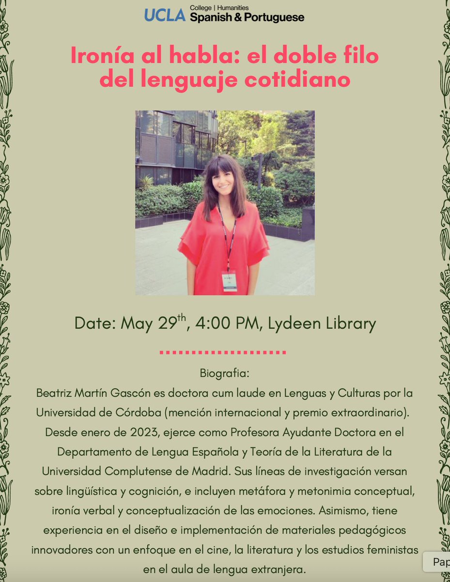 bmartingascon1's tweet image. Os invito a mi taller sobre ironía, donde exploraremos desde un enfoque cognitivo y pragmático cómo esta puede mejorar tu competencia comunicativa e intercultural.
🗓️ 29 de mayo, 16:00h
Lydeen Library, UCLA.