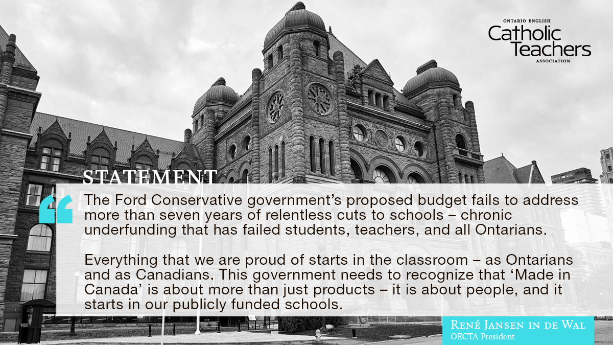 BREAKING: @FordNation's proposed budget fails to address years of relentless cuts to #OntEd.
 
When will this government realize that our students are our future – and that everything we're proud of starts in the classroom? #CatholicTeachers

catholicteachers.ca/News-Events/Ne…