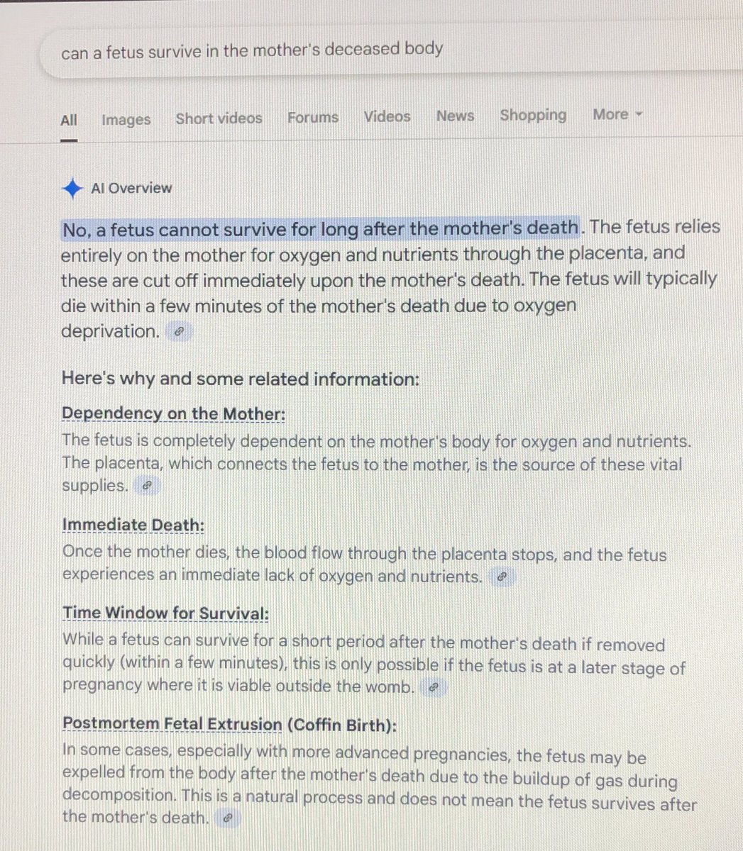 gabbitheebabe's tweet photo. According to Google, the baby might be already dead due to the placenta being shut down after the mother’s death. This is considered feticide. https://t.co/IjXXsZ4l1f