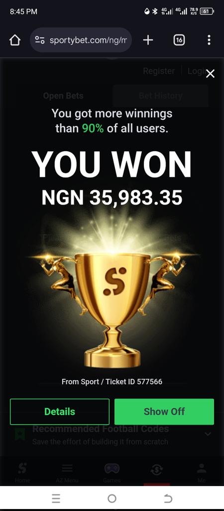 olusegunebunlo2's tweet photo. @Timmyofdelta My first big win on sporty 🥂 thanks so much 👍 https://t.co/xvHviio9cg