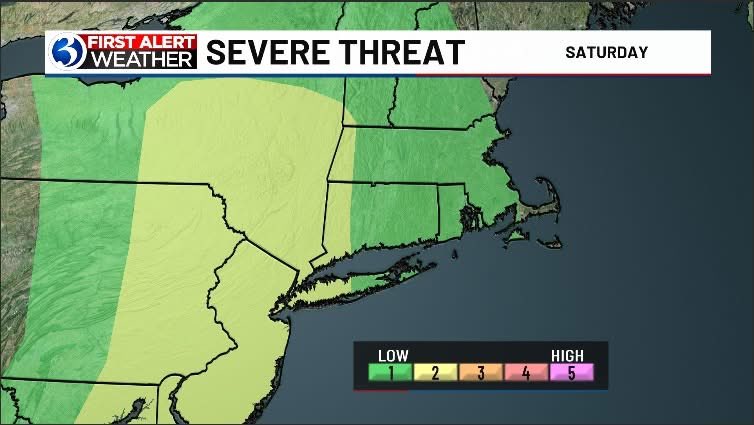 FIRST ALERT WEATHER DAY SATURDAY! Parts of CT are already in a level 2 risk for severe weather. Strong wind gusts and hail will be possible under the strongest cells, while any storm will produce downpours and lightning