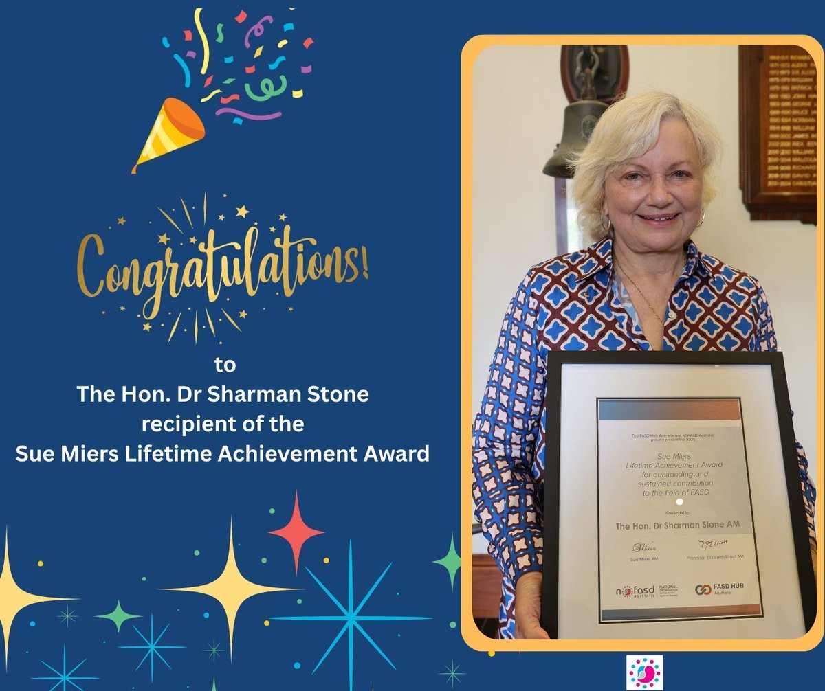 NOFASD Australia (@nofasdaustralia) on Twitter photo NOFASD & <a href="/FASDHub/">FASD Hub Australia</a> are proud to announce The Hon. Dr Sharman Stone AM as the 2025 recipient of the Sue Miers Lifetime Achievement Award, recognising her 4 decades of work raising awareness & support for those affected by #FASD. Read more: buff.ly/S7cIqYH NOFASD & <a href="/FASDHub/">FASD Hub Australia</a> are proud to announce The Hon. Dr Sharman Stone AM as the 2025 recipient of the Sue Miers Lifetime Achievement Award, recognising her 4 decades of work raising awareness & support for those affected by #FASD. Read more: buff.ly/S7cIqYH