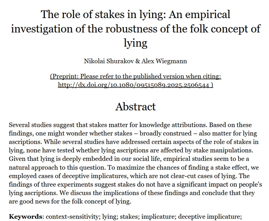 Nikolai Shurakov (@nikolaishurakov) on Twitter photo 🚨Preprint Alert 🚨
Excited to share that my first first-author paper from my PhD has been accepted in Philosophical Psychology(<a href="/JournalPHP/">Philosophical Psychology</a>) (co-authored by my co-supervisor Alex Wiegmann(<a href="/AlexWiegmann1/">Alex Wiegmann</a> )). Short thread 🧵with link to preprint 🚨Preprint Alert 🚨
Excited to share that my first first-author paper from my PhD has been accepted in Philosophical Psychology(<a href="/JournalPHP/">Philosophical Psychology</a>) (co-authored by my co-supervisor Alex Wiegmann(<a href="/AlexWiegmann1/">Alex Wiegmann</a> )). Short thread 🧵with link to preprint