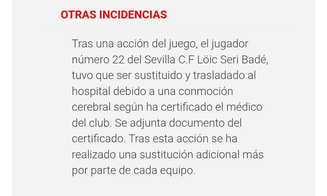 🤯 Veremos como se resuelve este tema, pero puede haber lío con la alineación de Badé en el Sevilla-Las Palmas tras ser sustituído el central francés TRES DÍAS antes en el minuto 44 del Celta-Sevilla por CONMOCIÓN CEREBRAL. 

🤔¿Puede haber alineación indebida?