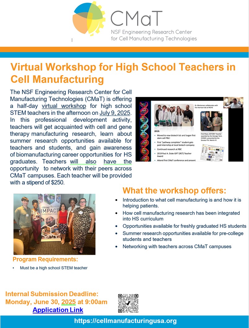 Dr. Shalu Suri (@dr_ssuri) on Twitter photo Please RT. <a href="/CMaT_ERC/">Cell Manufacturing Technologies</a> is organizing a half-day #virtual Cell Manufacturing workshop for #HighSchool #STEM #Teachers on July 9. $250 stipend. Learn about cell manufacturing, summer research opportunities for HS teachers & students, & career opportunities. Scan QR code and apply. Please RT. <a href="/CMaT_ERC/">Cell Manufacturing Technologies</a> is organizing a half-day #virtual Cell Manufacturing workshop for #HighSchool #STEM #Teachers on July 9. $250 stipend. Learn about cell manufacturing, summer research opportunities for HS teachers & students, & career opportunities. Scan QR code and apply.