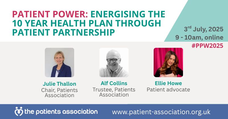 Patients Association (@patientsassoc) on Twitter photo We've confirmed our panel of speakers for our webinar on the 10 Year Health Plan as part of #PPW2025! Join Julie Thallon and <a href="/alf_collins/">alf collins</a>, both members of our Board of Trustees, as well as Ellie Howe, patient advocate.
Book your place: buff.ly/UaqC4MI We've confirmed our panel of speakers for our webinar on the 10 Year Health Plan as part of #PPW2025! Join Julie Thallon and <a href="/alf_collins/">alf collins</a>, both members of our Board of Trustees, as well as Ellie Howe, patient advocate.
Book your place: buff.ly/UaqC4MI