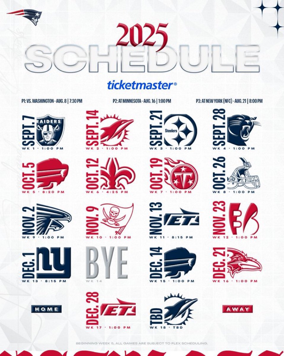 PatsTouchback's tweet image. 🎙️ We are now going LIVE with an impromptu podcast discussing the #Patriots 2025 schedule.
Send us your thoughts and your prediction for how many games the Pats will win this coming season.
Join over on our YouTube channel - youtube.com/live/NaeIoeeQI…
#NEPats #PatsNation