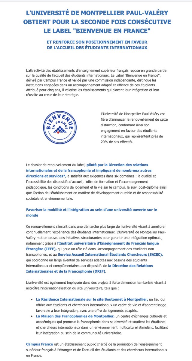Antoine Coppolani (@antoinecoppo) on Twitter photo L'Université de Montpellier Paul-Valéry obtient pour la 2e fois consécutive le label "Bienvenue en France" @campusfrance, confirmant ainsi son engagement auprès des étudiants internationaux, près de 20 % de nos effectifs.
Remerciements, en particulier, à <a href="/drif/">drif_sedik</a> et <a href="/iefeupv/">IEFE Univ. Paul-Valéry</a>. L'Université de Montpellier Paul-Valéry obtient pour la 2e fois consécutive le label "Bienvenue en France" @campusfrance, confirmant ainsi son engagement auprès des étudiants internationaux, près de 20 % de nos effectifs.
Remerciements, en particulier, à <a href="/drif/">drif_sedik</a> et <a href="/iefeupv/">IEFE Univ. Paul-Valéry</a>.