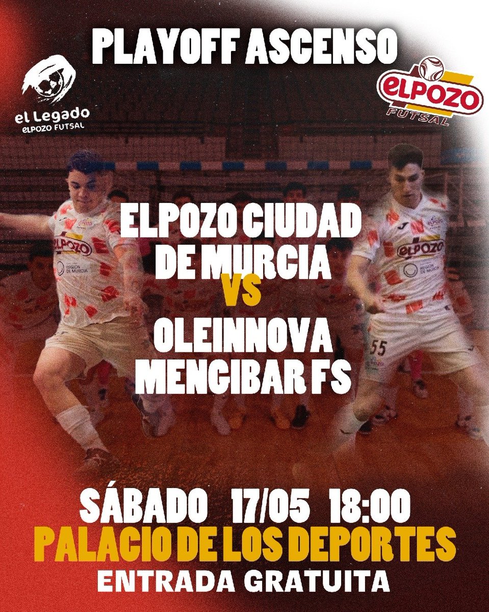 ElPozo Murcia Costa Cálida FS (@elpozomurcia_fs) on Twitter photo ⚪🔴💥 VAMOS #ElPozoCiudaddeMurcia!
A por el ascenso a SEGUNDA‼️ <a href="/FutSalRFEF/">Futsal RFEF</a>
🆚 <a href="/Mengibar_FS/">Oleoinnova Mengíbar FS</a>
📆 Sábado 17 mayo 18 H
🏟️ Palacio de Deportes MURCIA
🎟️ Acceso gratuito
OS NECESITAMOS ‼️
#PlayOff #OrgullodeloNuestro ⚪🔴💥 VAMOS #ElPozoCiudaddeMurcia!
A por el ascenso a SEGUNDA‼️ <a href="/FutSalRFEF/">Futsal RFEF</a>
🆚 <a href="/Mengibar_FS/">Oleoinnova Mengíbar FS</a>
📆 Sábado 17 mayo 18 H
🏟️ Palacio de Deportes MURCIA
🎟️ Acceso gratuito
OS NECESITAMOS ‼️
#PlayOff #OrgullodeloNuestro