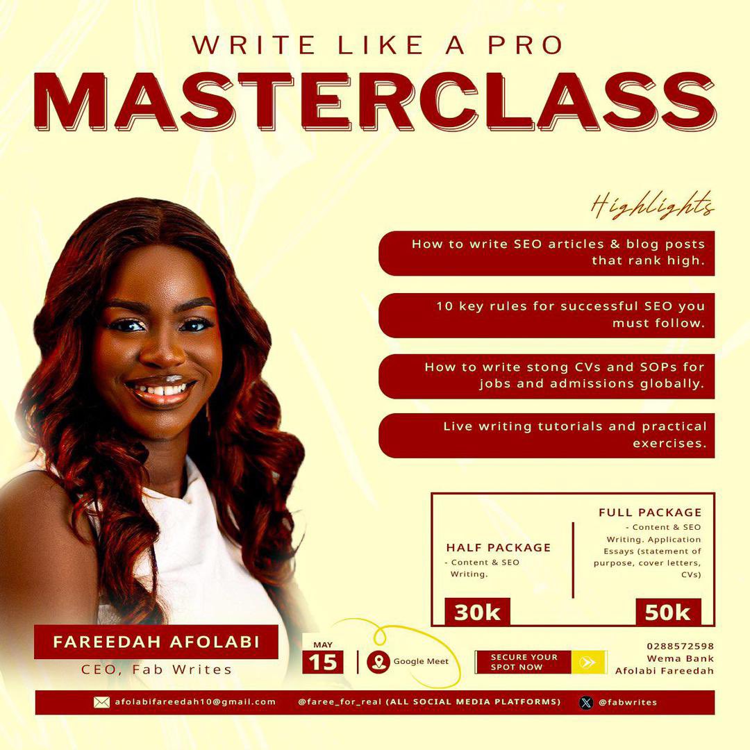 Mimah_eee's tweet image. Thinking about whether you should pay for the Write like a pro masterclass?? This is your sign.

I really enjoyed today’s class because she made it easy for us to understand and it was interactive. Thank you @faree_for_real 
 
#writelikeapromasterclass