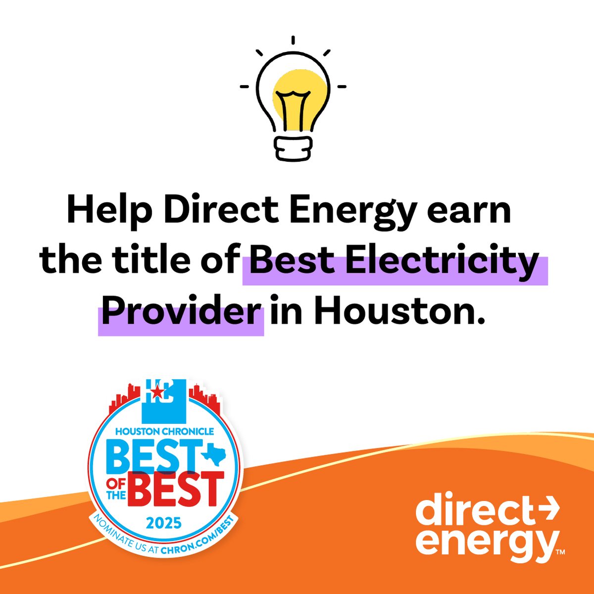 Direct Energy US (@directenergy) on Twitter photo Weāve been nominated for <a href="/HoustonChron/">Houston Chronicle</a>'s 2025 Best of the Best Awards! Help Direct Energy earn the title of āBest Electricity Providerā in Houston. Vote daily until May 27 at ms.spr.ly/6017SwYDD Weāve been nominated for <a href="/HoustonChron/">Houston Chronicle</a>'s 2025 Best of the Best Awards! Help Direct Energy earn the title of āBest Electricity Providerā in Houston. Vote daily until May 27 at ms.spr.ly/6017SwYDD