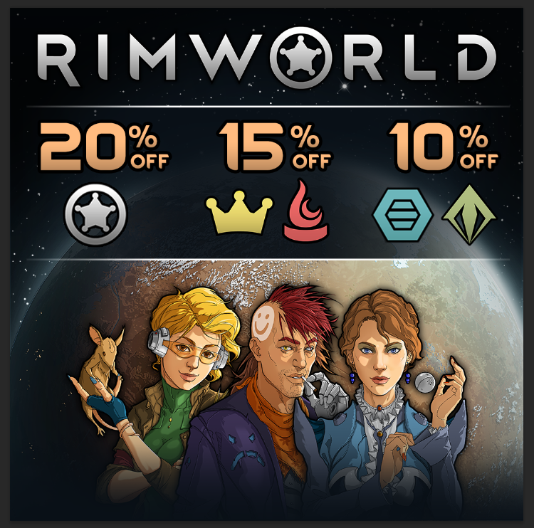 LudeonStudios's tweet image. Now&apos;s the time to start your next colony. RimWorld and all of its expansions are on sale! ⭐

Get them on Steam: store.steampowered.com/app/294100/Rim…