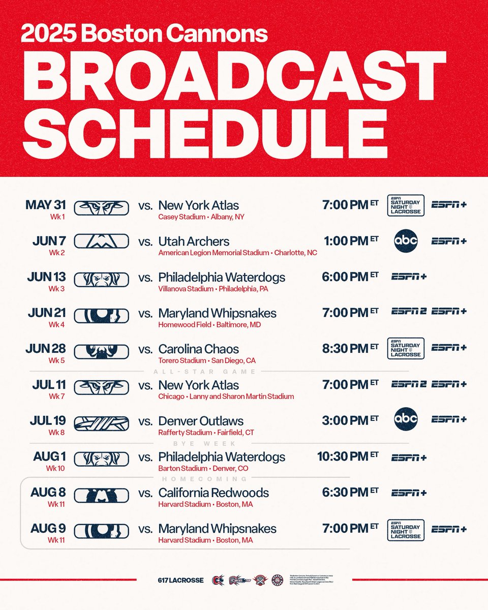 Our COMPLETE television schedule for the 2025 season!

All Cannons games streamed on ESPN+ all summer long 💣📺