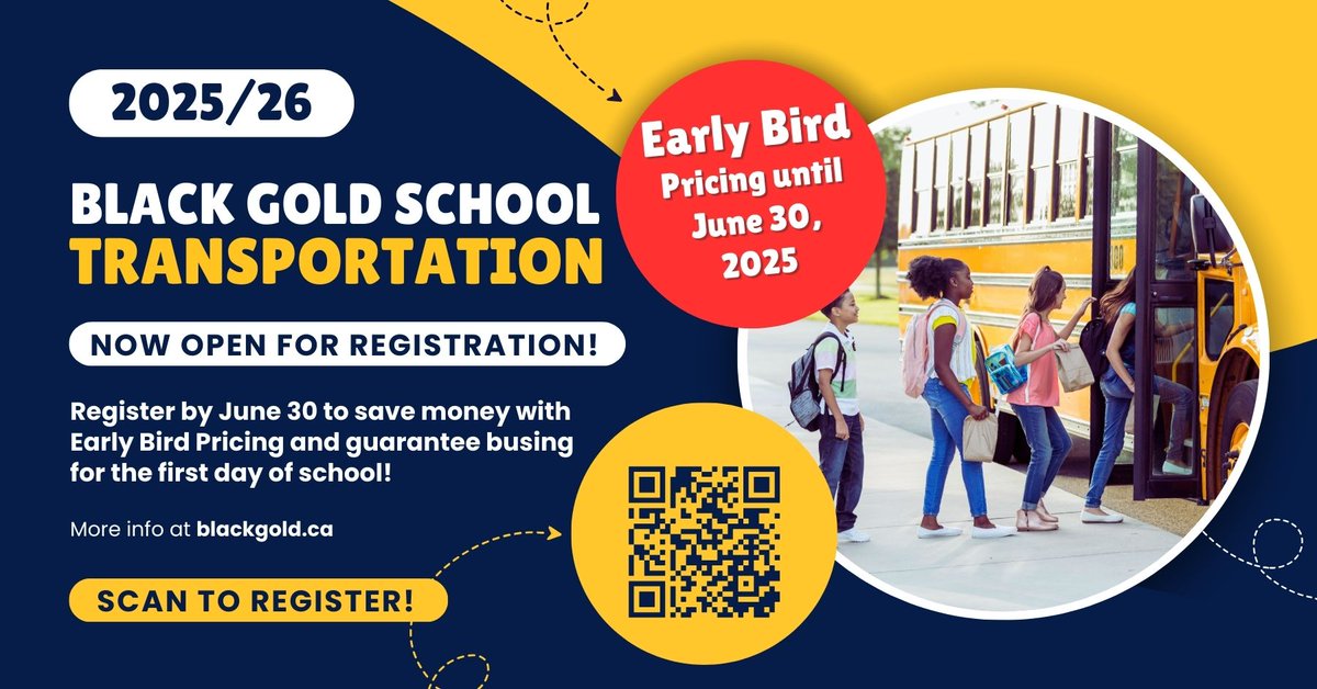 Parents school transportation registration for 2025-26 school year is open!  Register your child by June 30 to: Save money with our Early Bird Fees Guarantee your child’s spot on the bus for Day 1 of school Don’t wait register now! blackgold.ca/apply-for-tran… #BackToSchool #SchoolBus