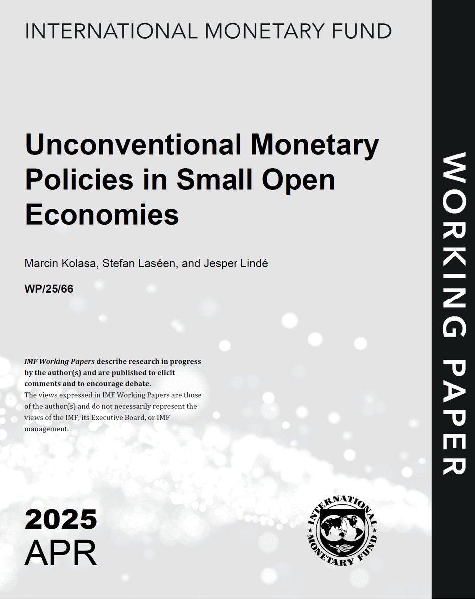 Super interesting!

"Unconventional Monetary Policies in Small Open Economies" by Jesper Lindé, Marcin Kolasa, and Stefan Laseen

"This paper provides a comprehensive assessment of the macroeconomic and fiscal impact of unconventional monetary tools in small open economies. Using