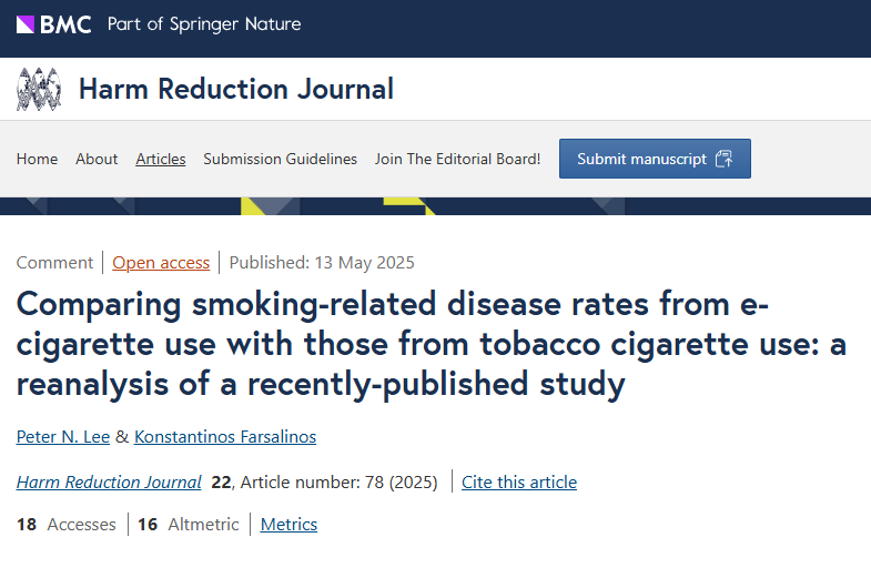 New Study Challenges Claims About E-cigarette Risks: A closer look at the data identifies vaping has similar risk reductions for heart attacks, strokes and COPD as quitting smoking without using any alternative. 
tinyurl.com/yasrev2y