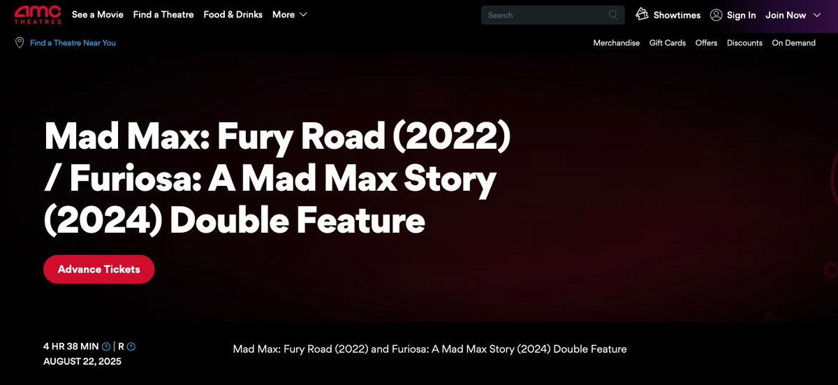 madmaxbible's tweet image. BTW, AMC is planning a wide scheduled double bill of Fury Road and Furiosa this August. If you missed those films on the big screen, there's your chance to watch them back to back. Make sure to secure those tix!