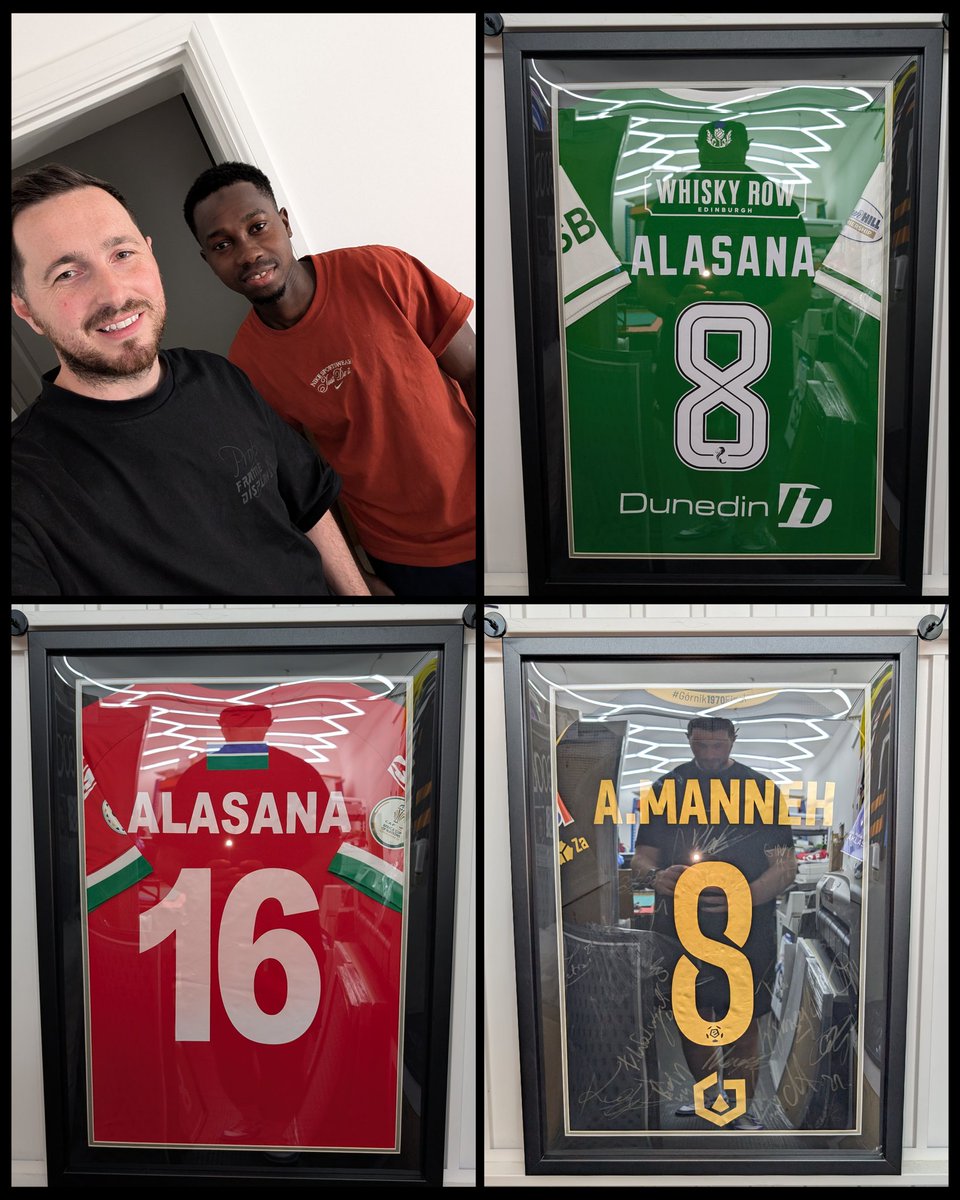 ProperDisplay's tweet photo. Finally today we caught up with Hibs and Gambia midfielder Alasana Manneh

We framed up Alasana's Hibs, Gambia and Zabrze shirts from his collection. First of many I'm sure

Thank you for the shirt for our client wall also 🟢🟣

#ProperFrameDisplays
#ThePlayersChoice https://t.co/2oqme18oDI
