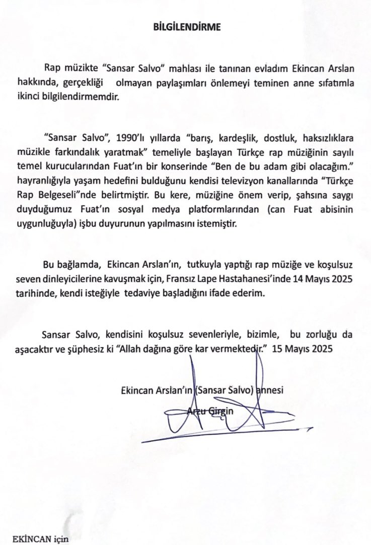 Günlerdir sorduğunuz sorulara karşılık Sansar Salvo’nun annesi Arzu Girgin’den gelen bilgilendirme mesajıyla update yapmak isterim. 

Ekincan’ın tedaviye başlama kararı almasının her şeyi pozitif bir yola sokacağından ümitliyiz. 
Hiçbir şey sosyal medyada gördüklerinizden ibaret