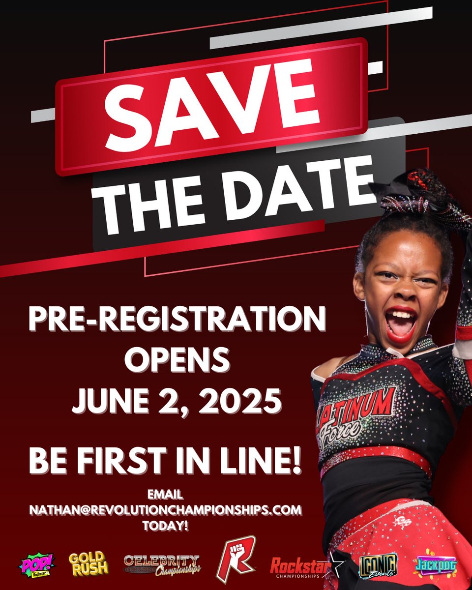 ‼️ SAVE THE DATE ‼️

Get ready for the 2025-2026 #RevolutionaryEvents season! 📅  Pre-Registration Opens June 2, 2025!

Events WILL sell out - don’t miss your chance to register!
🔥 Be first in line for your favorite event! 📧 Email nathan@revolutionchampionships.com today!