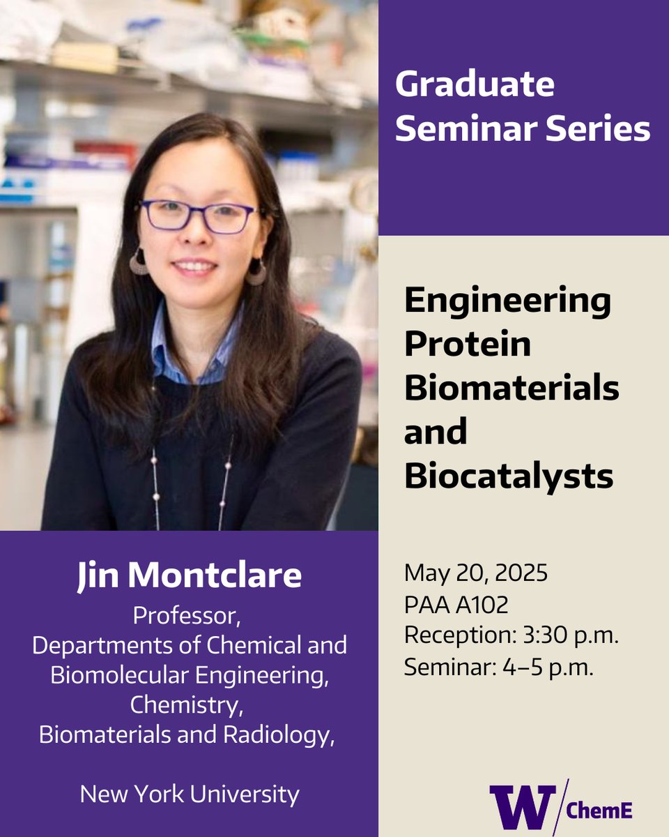 UW Chemical Engineering (@uwcheme) on Twitter photo Jin Montclare, professor of chemical and biomolecular #engineering at New York University(<a href="/nyutandon/">NYU Tandon</a>), will share a seminar titled "Engineering Protein Biomaterials and Biocatalysts."
Tuesday, May 20, 2025
PAA A102
Reception: 3:30 p.m.
Seminar: 4–5 p.m.
tinyurl.com/052025Montclare Jin Montclare, professor of chemical and biomolecular #engineering at New York University(<a href="/nyutandon/">NYU Tandon</a>), will share a seminar titled "Engineering Protein Biomaterials and Biocatalysts."
Tuesday, May 20, 2025
PAA A102
Reception: 3:30 p.m.
Seminar: 4–5 p.m.
tinyurl.com/052025Montclare