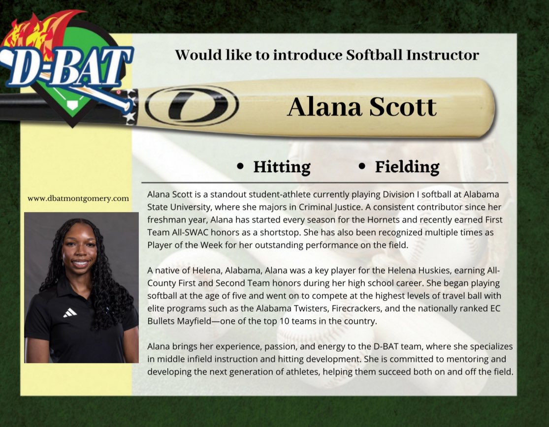 🥎Fastpitch Softball Fans

Please welcome Coach Alana Scott to the D-BAT instructor Family. Alana specializes in Defensive work and Hitting. Call or email todd@dbatmontgomery.com to schedule lessons. #dbatmontgomery