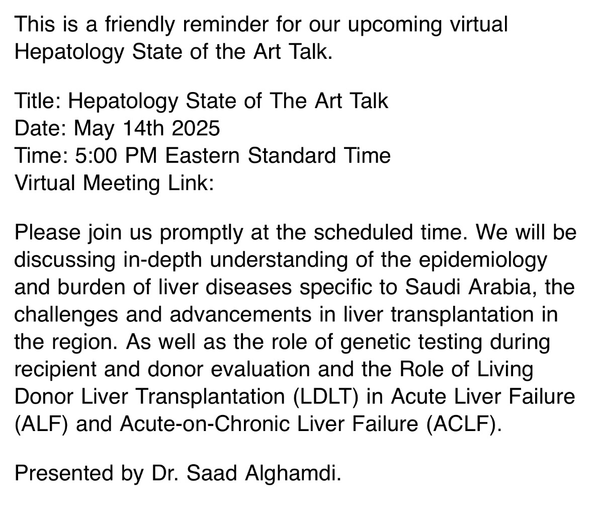 Saleh Alghsoon (@salehalghsoon) on Twitter photo Thank you, Dr. Saad Alghamdi, for your state-of-the-art talk at@ClevelandClinic
on liver disease & transplant advances in Saudi Arabia! Insightful and inspiring—hope next time we meet in person!
<a href="/Alghamdi_Saad_/">Saad Alghamdi</a>
<a href="/CCF_GIFellows/">CCF GI Fellowship</a>
<a href="/KFSHRC/">مستشفى الملك فيصل التخصصي ومركز الأبحاث</a>
#AASLD#SASLT#LiverTransplant#Hepatology Thank you, Dr. Saad Alghamdi, for your state-of-the-art talk at@ClevelandClinic
on liver disease & transplant advances in Saudi Arabia! Insightful and inspiring—hope next time we meet in person!
<a href="/Alghamdi_Saad_/">Saad Alghamdi</a>
<a href="/CCF_GIFellows/">CCF GI Fellowship</a>
<a href="/KFSHRC/">مستشفى الملك فيصل التخصصي ومركز الأبحاث</a>
#AASLD#SASLT#LiverTransplant#Hepatology