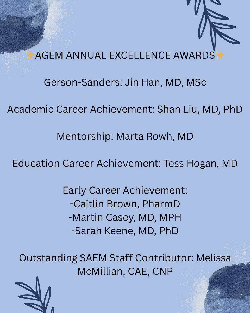 AGEM_SAEM's tweet image. Congratulations to our 2025 AGEM Annual Excellence Award Winners! 🤩

@SAEMonline 
#emergencymedicine #saem #agem #geriatricmedicine #emergencydepartment #saem25