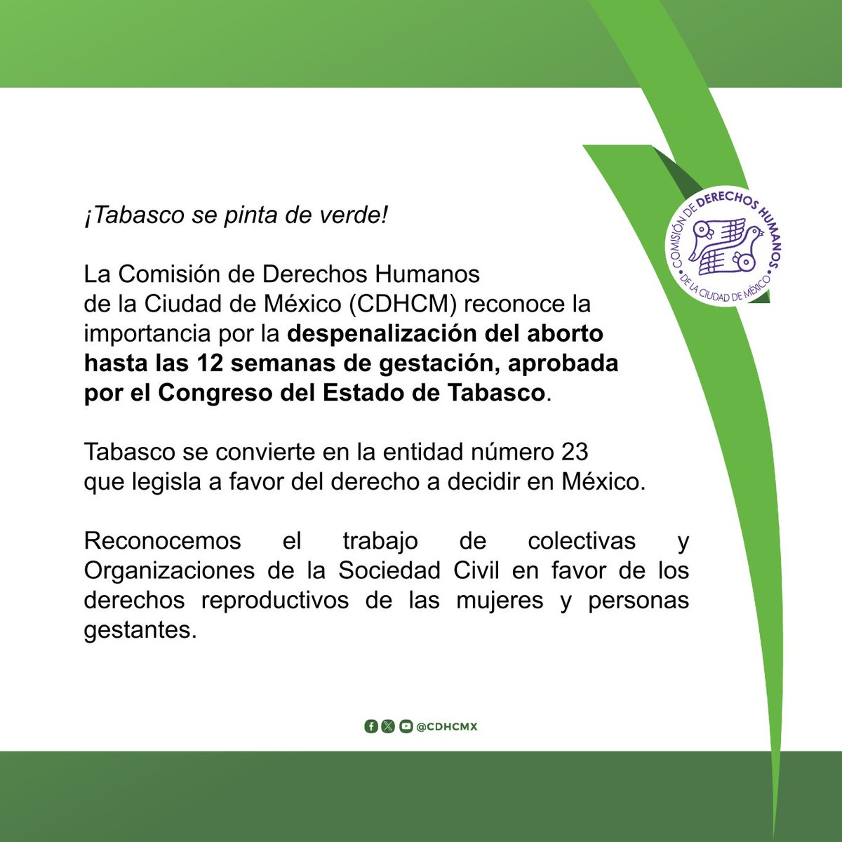 La #CDHCM reconoce la importancia de la despenalización del #aborto hasta las 12 semanas en Tabasco 💚