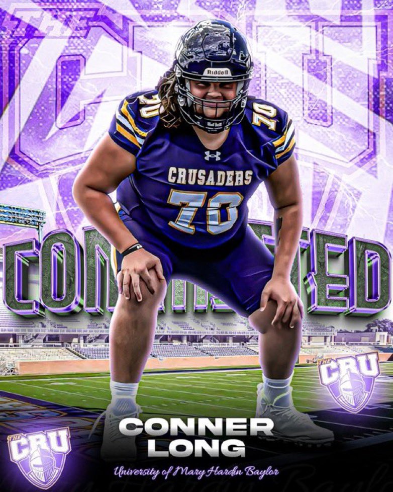 Conner Long (@connerzlong1) on Twitter photo I am proud to announce I have committed to the University of Mary Hardin-Baylor! I would like to thank <a href="/CoachOubre/">Matthew Oubre</a>, <a href="/Coach_LHarmon/">Larry Harmon</a> and <a href="/coach_slee/">Stephen Lee</a> and say I am excited about my next life chapter. #UMHB #CRU #FoundMyHome <a href="/CruFootball/">UMHB Football🏈</a> I am proud to announce I have committed to the University of Mary Hardin-Baylor! I would like to thank <a href="/CoachOubre/">Matthew Oubre</a>, <a href="/Coach_LHarmon/">Larry Harmon</a> and <a href="/coach_slee/">Stephen Lee</a> and say I am excited about my next life chapter. #UMHB #CRU #FoundMyHome <a href="/CruFootball/">UMHB Football🏈</a>