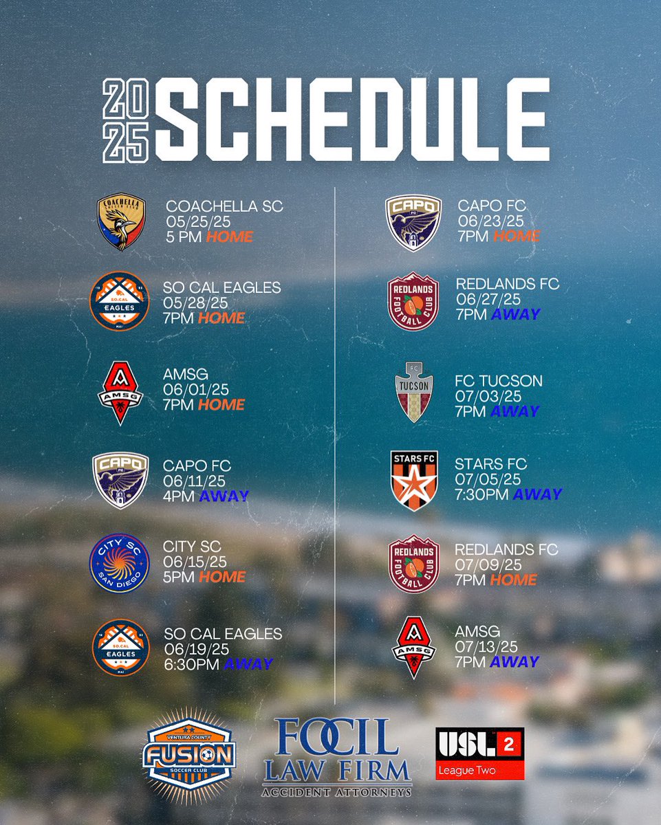 Ventura County Fusion (@vcfusion) on Twitter photo The wait is over! VC Fusion’s USL2 season schedule is HERE! Mark your calendars and get ready to rep the 805 all summer long 💪⚽
🎟️ Grab your tickets now — don’t miss a match!
👉 Purchase Link in Bio
<a href="/USLLeagueTwo/">USL League Two</a>
🔵🟠
#Prideofthe805 #VamosFusion The wait is over! VC Fusion’s USL2 season schedule is HERE! Mark your calendars and get ready to rep the 805 all summer long 💪⚽
🎟️ Grab your tickets now — don’t miss a match!
👉 Purchase Link in Bio
<a href="/USLLeagueTwo/">USL League Two</a>
🔵🟠
#Prideofthe805 #VamosFusion