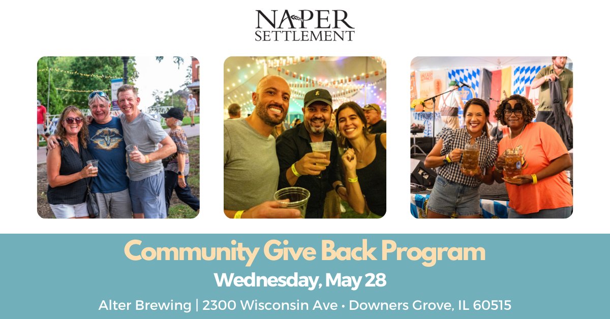 NaperSettlement's tweet image. We're teaming up with @AlterBeer   for their Community Give Back Program! A portion of adult beverage proceeds at Alter Brewing will be donated back to Naper Settlement on May 28. Come show your support!

🗓️ Wednesday, May 28
📍 Alter Brewing in Downers Grove