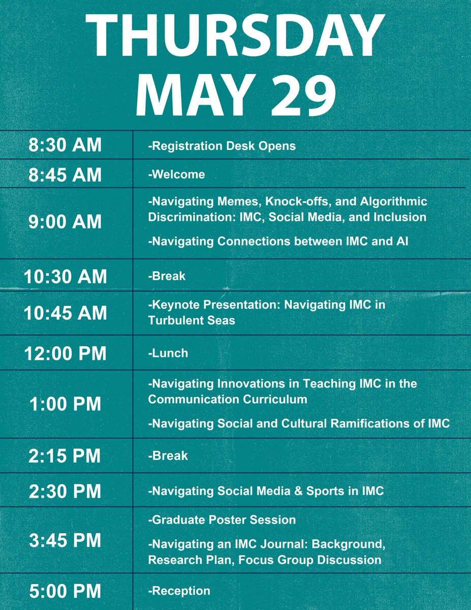 UNCWCOM's tweet photo. We are so excited to share the official schedule for our upcoming 2025 IMC Conference! There is still time to register, and you won't want to miss this incredible opportunity to meet and discuss connections between theory and practice with other IMC scholars. #UNCWCOM https://t.co/cYNwiRtkly