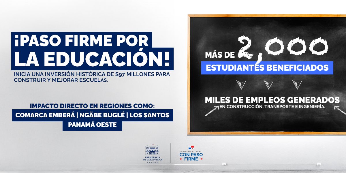 presidenciapma's tweet image. Cumpliendo con brindar espacios dignos para nuestros jóvenes se invertirán $97 millones en infraestructura escolar. Este paso genera miles de empleos y beneficia a más de 2,000 estudiantes.
Este 16 de mayo se entregarán órdenes de proceder para mejoras en:
📌 Ngäbe Buglé.
📌…