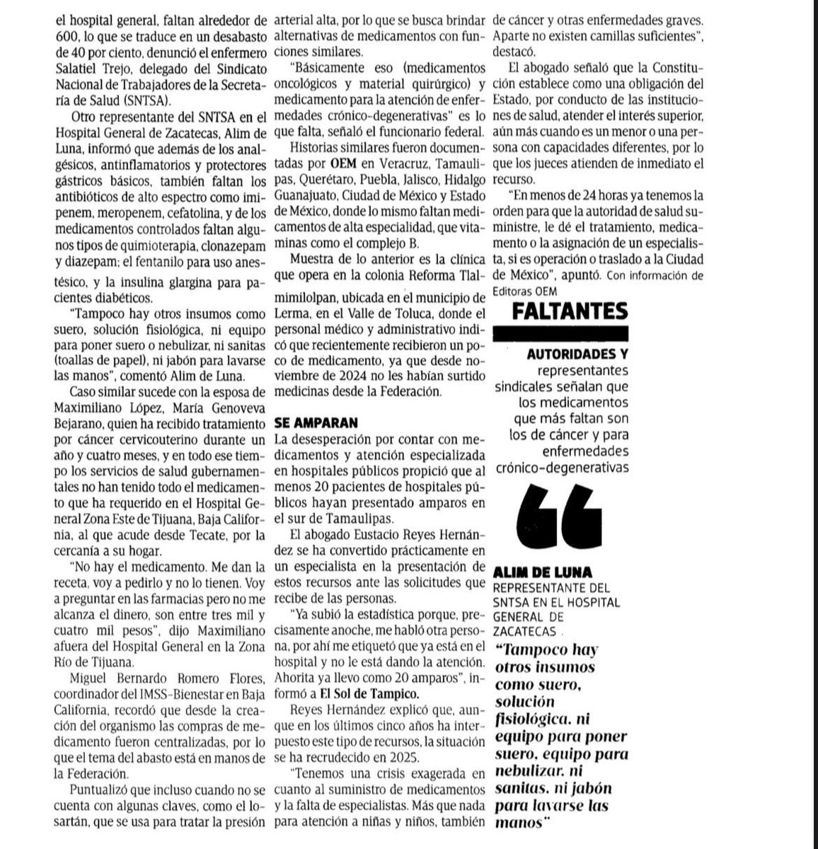 ectorjaime's tweet photo. Camila tiene cáncer. En marzo le dijeron que su hospital no tenía las quimioterapias y que “no había dinero para comprarlas”. Suspendió su tratamiento, su salud empeoró y la única opción fue atenderse en lo privado: 30 mil pesos por dos días de hospitalización.

Y no, no es solo su historia. Esta es la realidad que se repite en hospitales de 11 estados del país:

❌ No hay insulina para pacientes con diabetes.
❌ Faltan antibióticos, analgésicos y vitaminas.

En hospitales como el General de Zacatecas, el desabasto alcanza hasta un 40% de los medicamentos. La situación ha llegado a tal grado que muchos pacientes han tenido que recurrir a amparos judiciales para poder acceder a tratamientos básicos.

La situación empeoró tras la cancelación de la compra consolidada para el periodo 2025-2026, lo que dejó en el aire la adquisición de miles de claves de medicamentos e insumos. Desde noviembre de 2024, hay clínicas que no han recibido ni una sola caja de medicamentos.

¿Este es el sistema de salud “gratuito y de calidad” que presume la presidenta?