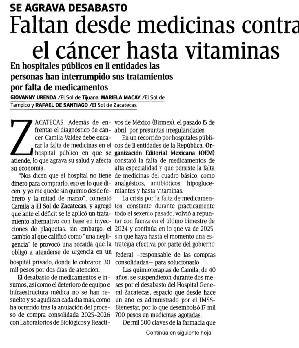 ectorjaime's tweet photo. Camila tiene cáncer. En marzo le dijeron que su hospital no tenía las quimioterapias y que “no había dinero para comprarlas”. Suspendió su tratamiento, su salud empeoró y la única opción fue atenderse en lo privado: 30 mil pesos por dos días de hospitalización.

Y no, no es solo su historia. Esta es la realidad que se repite en hospitales de 11 estados del país:

❌ No hay insulina para pacientes con diabetes.
❌ Faltan antibióticos, analgésicos y vitaminas.

En hospitales como el General de Zacatecas, el desabasto alcanza hasta un 40% de los medicamentos. La situación ha llegado a tal grado que muchos pacientes han tenido que recurrir a amparos judiciales para poder acceder a tratamientos básicos.

La situación empeoró tras la cancelación de la compra consolidada para el periodo 2025-2026, lo que dejó en el aire la adquisición de miles de claves de medicamentos e insumos. Desde noviembre de 2024, hay clínicas que no han recibido ni una sola caja de medicamentos.

¿Este es el sistema de salud “gratuito y de calidad” que presume la presidenta?