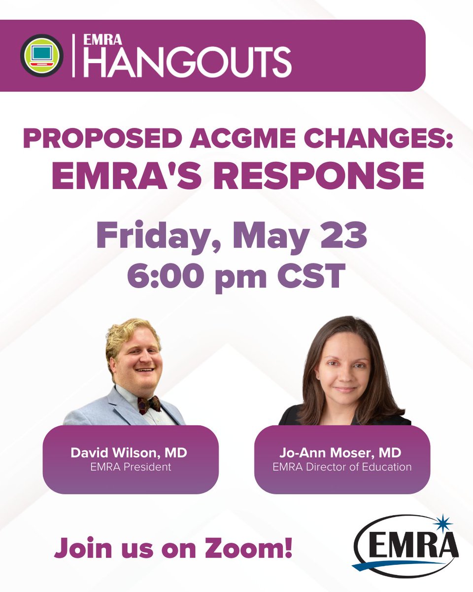 emresidents (@emresidents) on Twitter photo π£ Please join the MSC Hangouts discussion on May 23 at 6pm CT where David Wilson, MD, and Jo-Ann Moser, MD, will talk about EMRA's stance on the proposed ACGME changes to EM residency length and requirements!
Register now π bit.ly/43tHDue
<a href="/emresidents/">emresidents</a> π£ Please join the MSC Hangouts discussion on May 23 at 6pm CT where David Wilson, MD, and Jo-Ann Moser, MD, will talk about EMRA's stance on the proposed ACGME changes to EM residency length and requirements!
Register now π bit.ly/43tHDue
<a href="/emresidents/">emresidents</a>