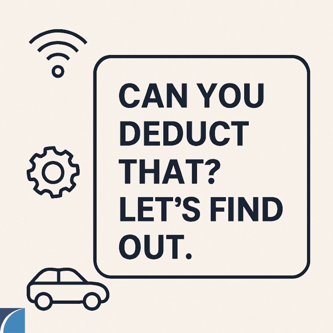 RSWLLC's tweet photo. 💡Not sure if a purchase qualifies as a business deduction?
Home internet, software, even your car might count—if used for work.
When in doubt, ask your CPA.
#TaxDeductions #SmartSpending #CPA https://t.co/d9Zn0057wv