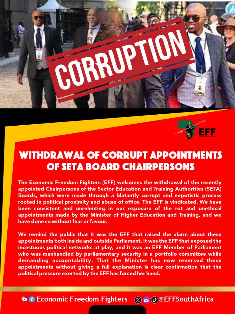 EFFSouthAfrica's tweet photo. WITHDRAWAL OF CORRUPT APPOINTMENTS OF SETA BOARD CHAIRPERSONS https://t.co/OI5ZK9ctTQ