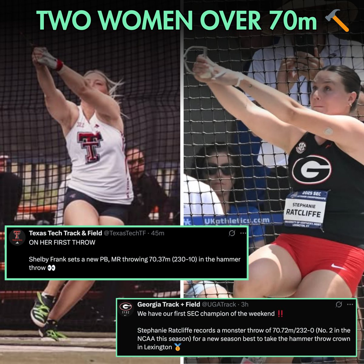 The Women Hammer Throwers Are Showing Out😤

Shelby Frank &amp; Stephanie Ratcliffe both win their respective conference (SEC &amp; Big12) titles with throws over 70m💣💣

📸: bobbygoddinphoto <a href="/TexasTechTF/">Texas Tech Track & Field</a>  <a href="/UGATrack/">Georgia Track + Field</a>