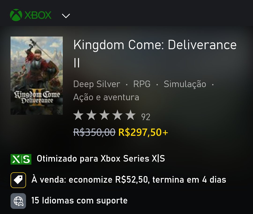 Kingdom Come: Deliverance II entra em promoção pela primeira vez na Xbox Store, com 15% de desconto!

xbox.com/pt-BR/games/st…
