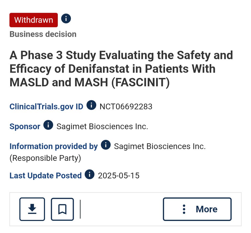 value (@valueforall1) on Twitter photo $sgmt Denifanstat phase 3 monotherapy is withdrawn with "business decision" as a justification.
<a href="/sagimet/">Sagimet Biosciences</a> I get this, securing $200M+ to run phase 3 alone for a $100M company is not possible in this market.
Sell Deni now. $mdgl needs a pipeline, you need money to fund acne. $sgmt Denifanstat phase 3 monotherapy is withdrawn with "business decision" as a justification.
<a href="/sagimet/">Sagimet Biosciences</a> I get this, securing $200M+ to run phase 3 alone for a $100M company is not possible in this market.
Sell Deni now. $mdgl needs a pipeline, you need money to fund acne.