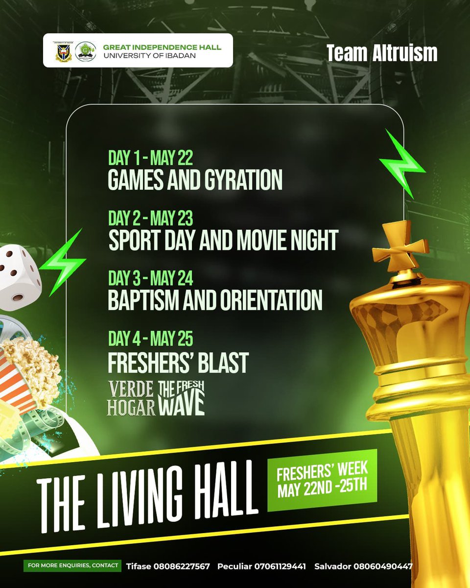 katangarepublic's tweet photo. KATANGA! 🔥 Indy Hall Freshers’ Week (May 22–25) is HERE!
Itinerary:
•May 22: Games & Gyration
•May 23: Sports Day + Movie Night
•May 24: Baptism & Orientation
•May 25: Freshers’ Blast — VERDE HOGAR! 🌿
Get ready for the FRESH WAVE!
#TheLivingHall #IndyFreshersWeek https://t.co/U38aebRxt8