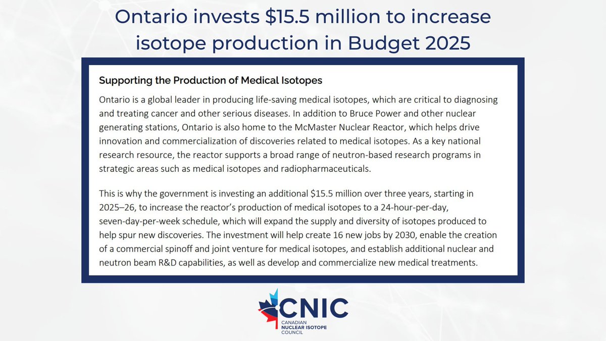 Canadian Nuclear Isotope Council (@isotopescanada) on Twitter photo 1/4 - We were glad to see the Ontario Government follow through on their commitment to the province's nuclear, life sciences, and isotope sectors in Budget 2025, which was presented today at Queen's Park.
<a href="/fordnation/">Doug Ford</a> <a href="/Sflecce/">Stephen Lecce</a> <a href="/PBethlenfalvy/">Peter Bethlenfalvy</a> <a href="/SylviaJonesMPP/">Sylvia Jones</a> <a href="/McMasterU/">McMaster University</a> 1/4 - We were glad to see the Ontario Government follow through on their commitment to the province's nuclear, life sciences, and isotope sectors in Budget 2025, which was presented today at Queen's Park.
<a href="/fordnation/">Doug Ford</a> <a href="/Sflecce/">Stephen Lecce</a> <a href="/PBethlenfalvy/">Peter Bethlenfalvy</a> <a href="/SylviaJonesMPP/">Sylvia Jones</a> <a href="/McMasterU/">McMaster University</a>